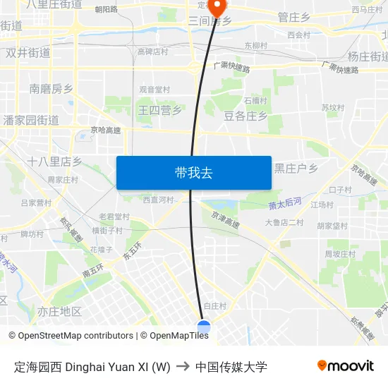 定海园西 Dinghai Yuan XI (W) to 中国传媒大学 map