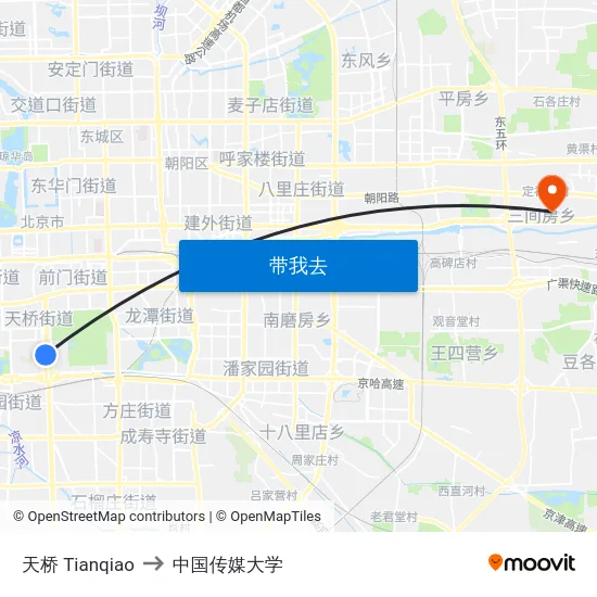 天桥 Tianqiao to 中国传媒大学 map