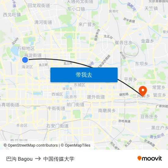 巴沟 Bagou to 中国传媒大学 map