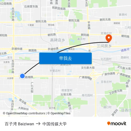 百子湾 Baiziwan to 中国传媒大学 map