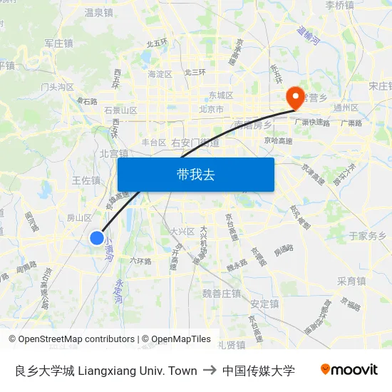 良乡大学城 Liangxiang Univ. Town to 中国传媒大学 map