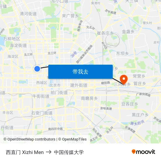 西直门 Xizhi Men to 中国传媒大学 map