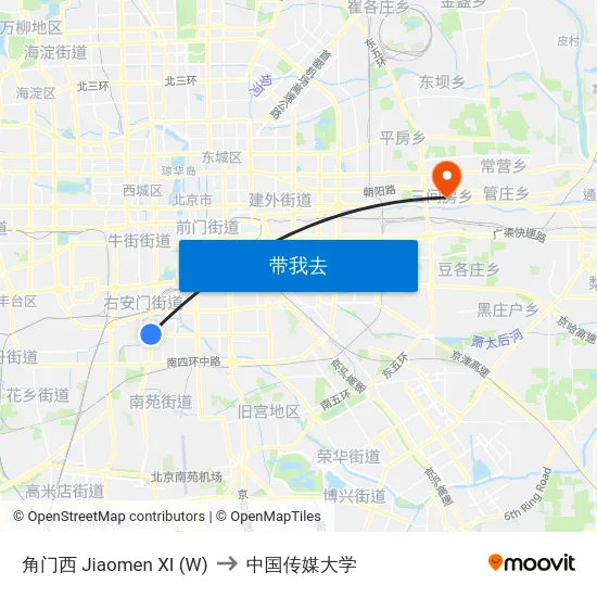 角门西 Jiaomen XI (W) to 中国传媒大学 map