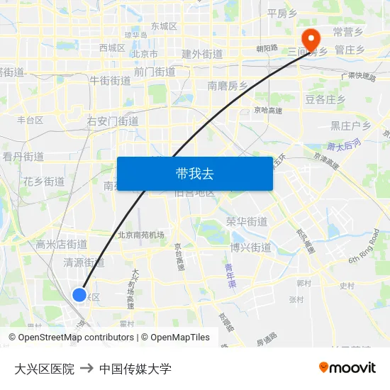 大兴区医院 to 中国传媒大学 map
