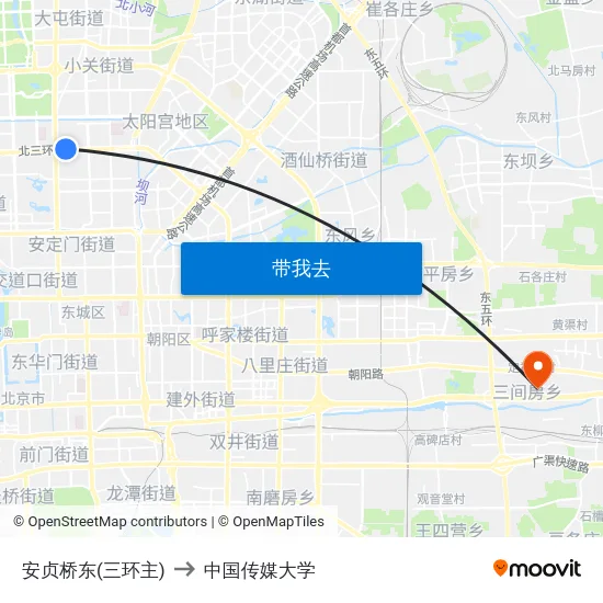 安贞桥东(三环主) to 中国传媒大学 map