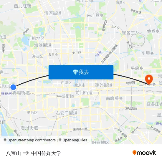 八宝山 to 中国传媒大学 map