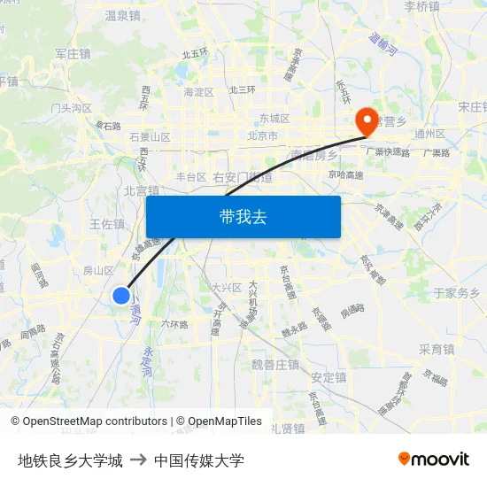 地铁良乡大学城 to 中国传媒大学 map