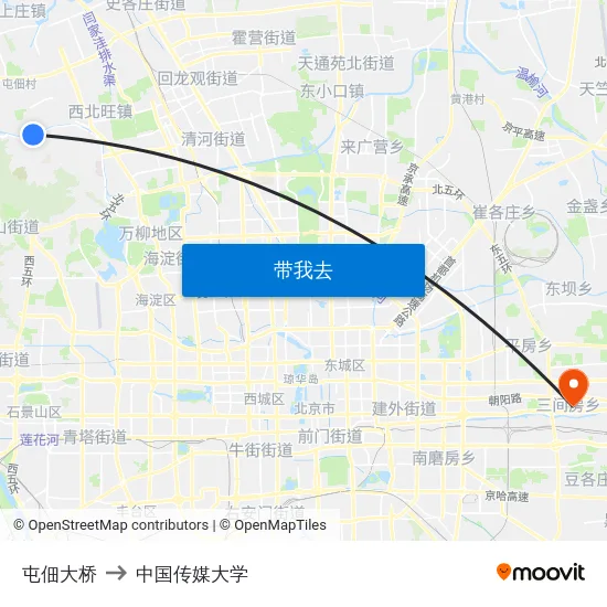 屯佃大桥 to 中国传媒大学 map