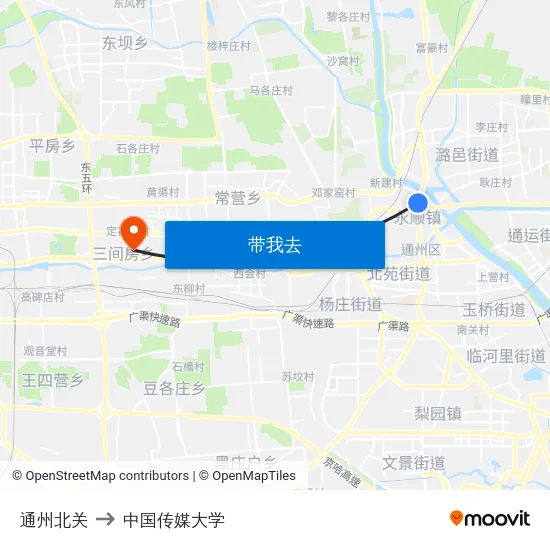通州北关 to 中国传媒大学 map