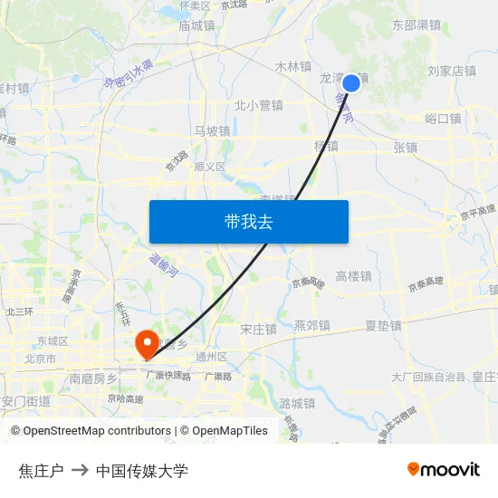 焦庄户 to 中国传媒大学 map