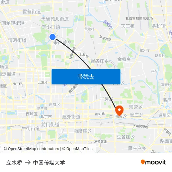 立水桥 to 中国传媒大学 map