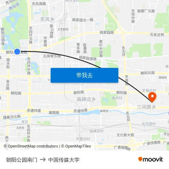 朝阳公园南门 to 中国传媒大学 map