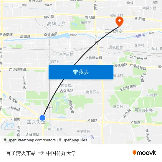 百子湾火车站 to 中国传媒大学 map