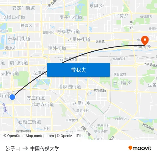 沙子口 to 中国传媒大学 map