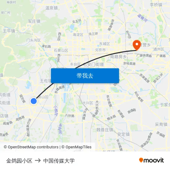 金鸽园小区 to 中国传媒大学 map