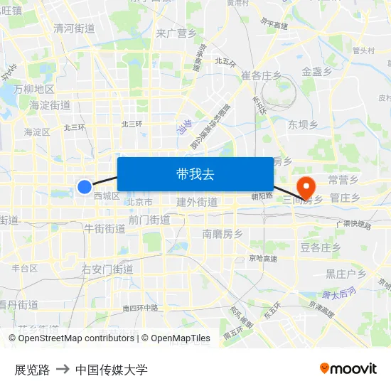 展览路 to 中国传媒大学 map