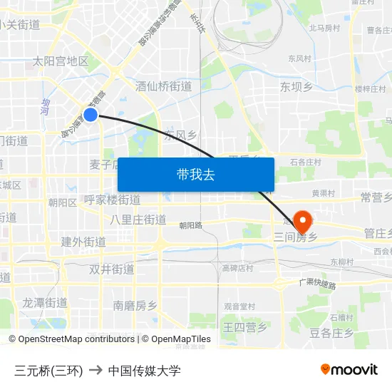 三元桥(三环) to 中国传媒大学 map