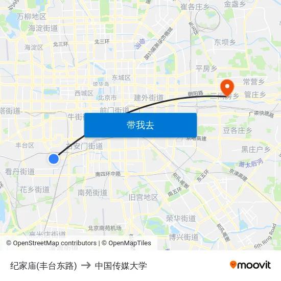 纪家庙(丰台东路) to 中国传媒大学 map