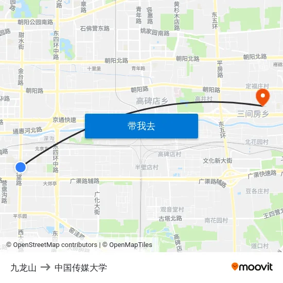 九龙山 to 中国传媒大学 map