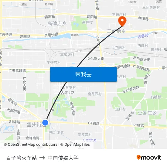 百子湾火车站 to 中国传媒大学 map