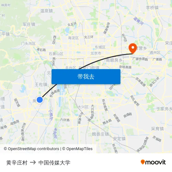 黄辛庄村 to 中国传媒大学 map