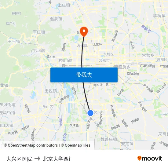 大兴区医院 to 北京大学西门 map