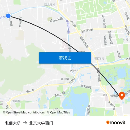 屯佃大桥 to 北京大学西门 map