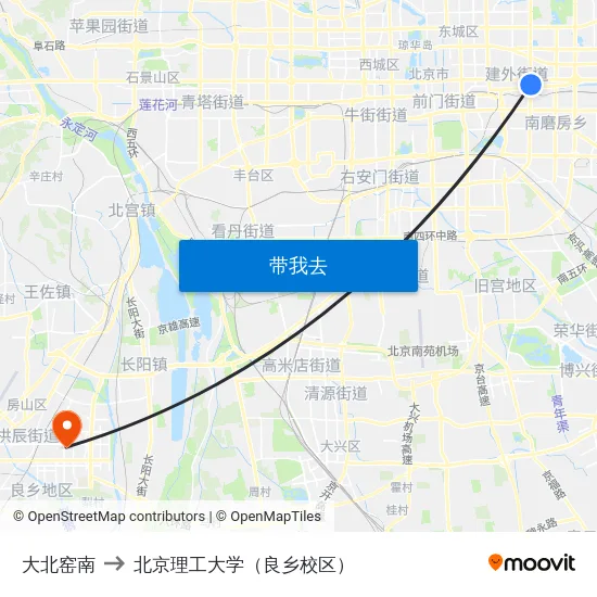 大北窑南 to 北京理工大学（良乡校区） map