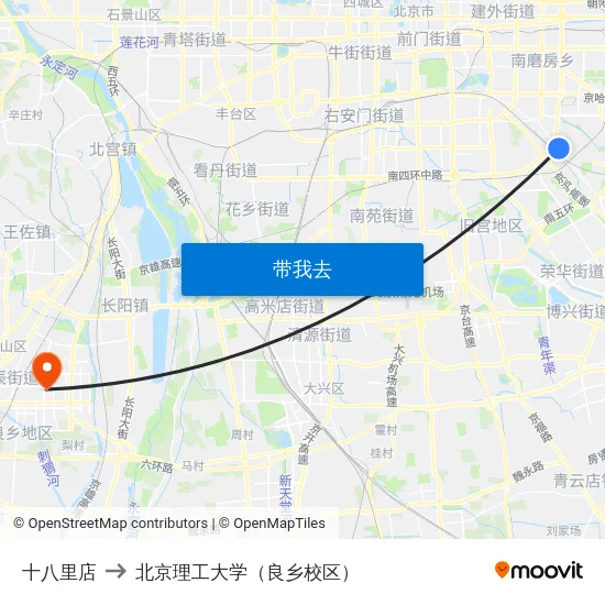 十八里店 to 北京理工大学（良乡校区） map