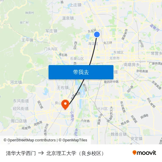 清华大学西门 to 北京理工大学（良乡校区） map