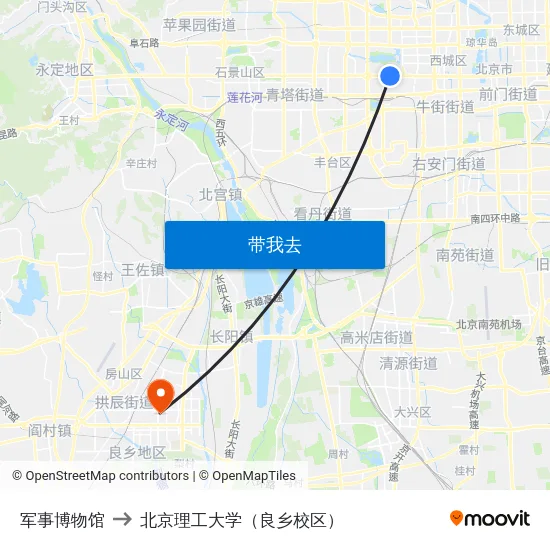 军事博物馆 to 北京理工大学（良乡校区） map