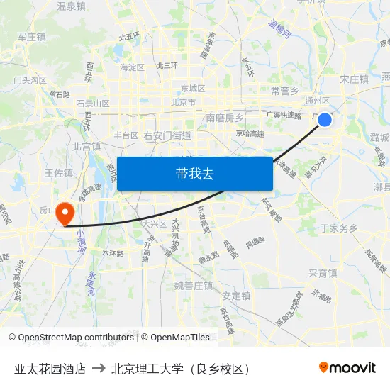 亚太花园酒店 to 北京理工大学（良乡校区） map