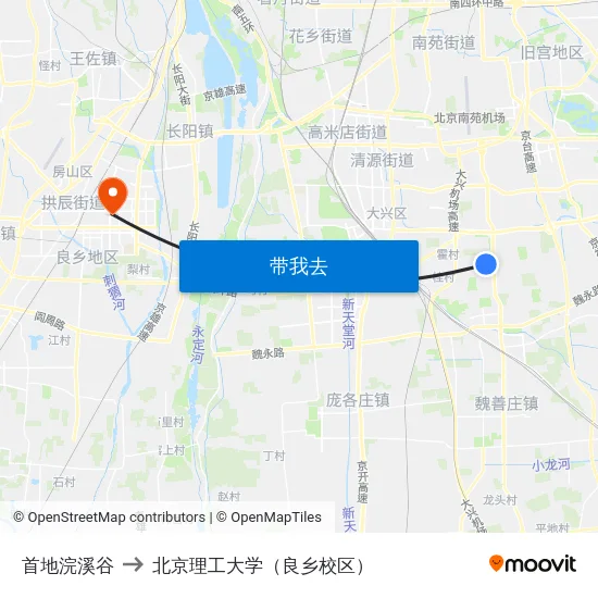 首地浣溪谷 to 北京理工大学（良乡校区） map