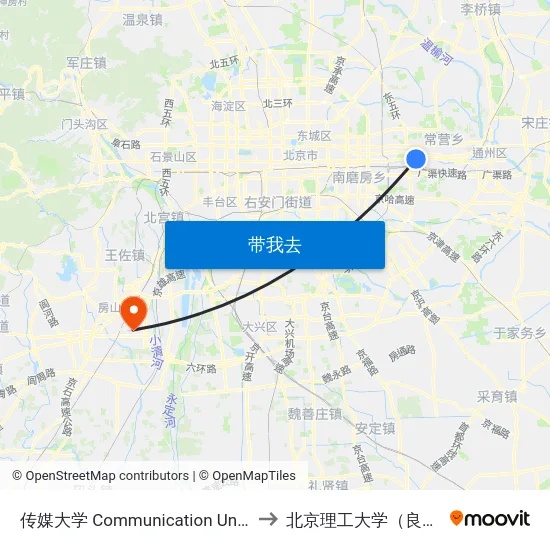 传媒大学 Communication Univ. Of China to 北京理工大学（良乡校区） map
