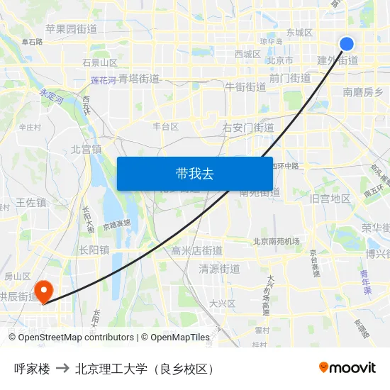 呼家楼 to 北京理工大学（良乡校区） map