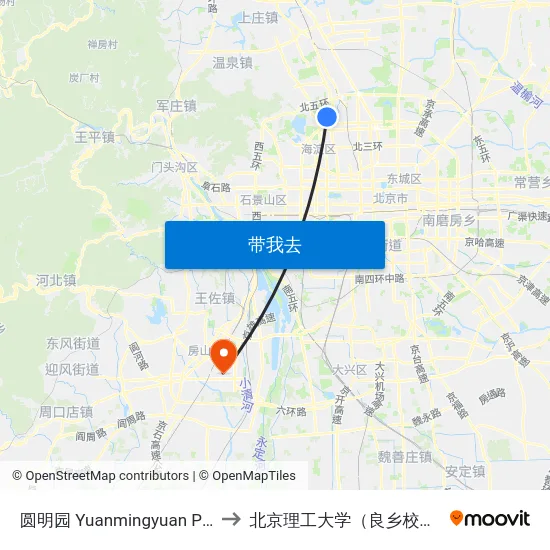 圆明园 Yuanmingyuan Park to 北京理工大学（良乡校区） map