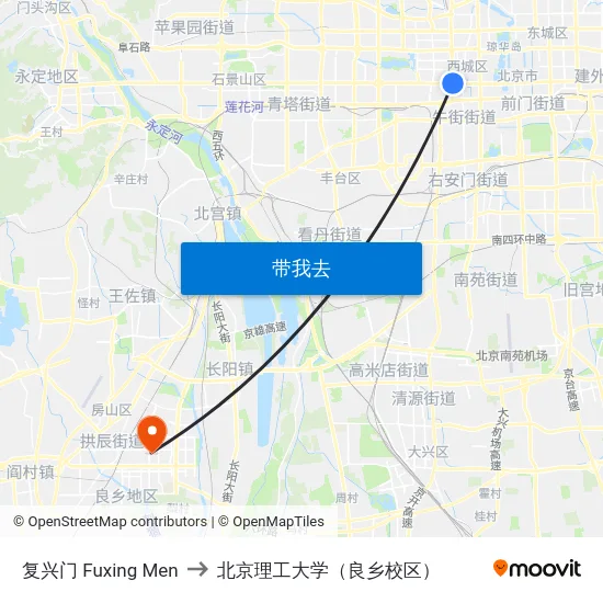 复兴门 Fuxing Men to 北京理工大学（良乡校区） map