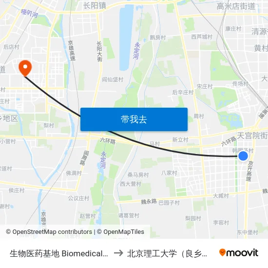 生物医药基地 Biomedical Base to 北京理工大学（良乡校区） map