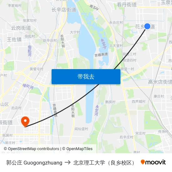 郭公庄 Guogongzhuang to 北京理工大学（良乡校区） map