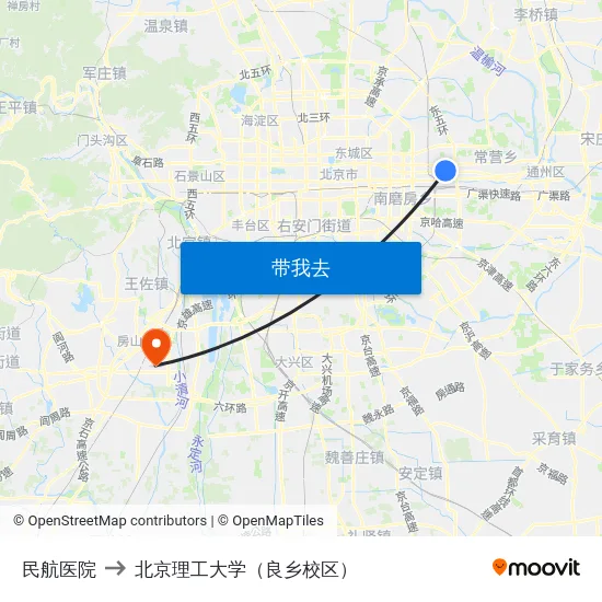 民航医院 to 北京理工大学（良乡校区） map