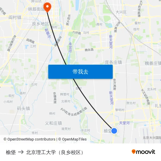 榆垡 to 北京理工大学（良乡校区） map