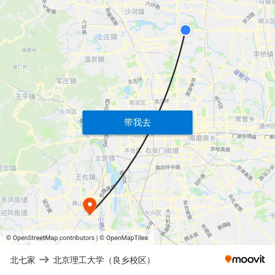 北七家 to 北京理工大学（良乡校区） map