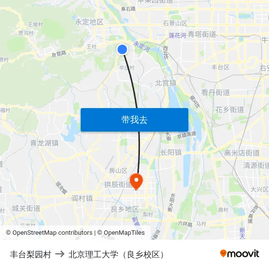 丰台梨园村 to 北京理工大学（良乡校区） map