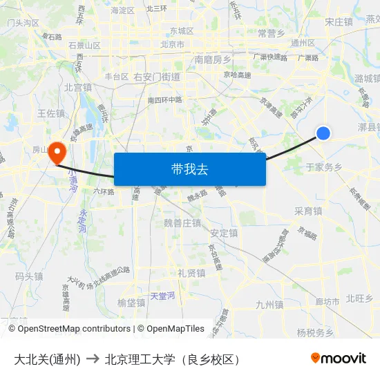 大北关(通州) to 北京理工大学（良乡校区） map
