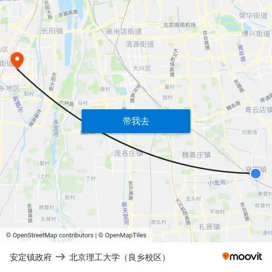 安定镇政府 to 北京理工大学（良乡校区） map