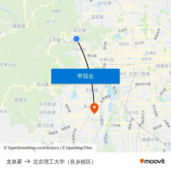 龙泉雾 to 北京理工大学（良乡校区） map