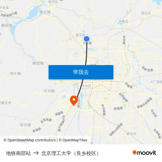 地铁南邵站 to 北京理工大学（良乡校区） map