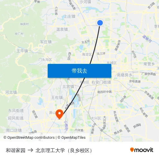 和谐家园 to 北京理工大学（良乡校区） map