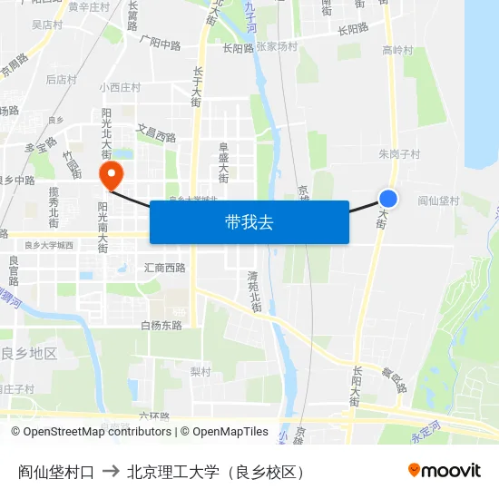 阎仙垡村口 to 北京理工大学（良乡校区） map