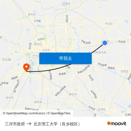 三河市政府 to 北京理工大学（良乡校区） map